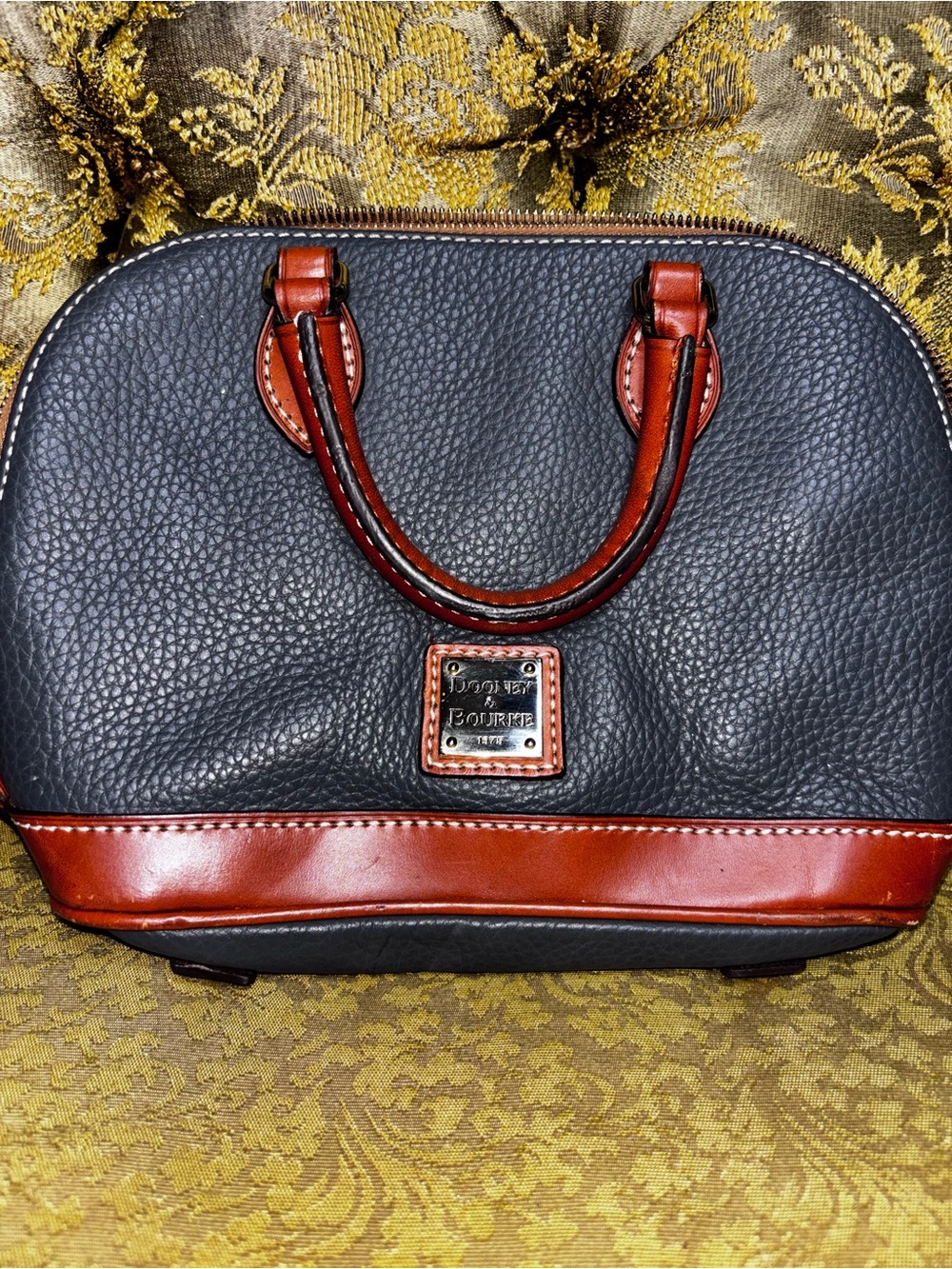 Dooney & Bourke Black Pebbled Leather Satchel with Brown Trim